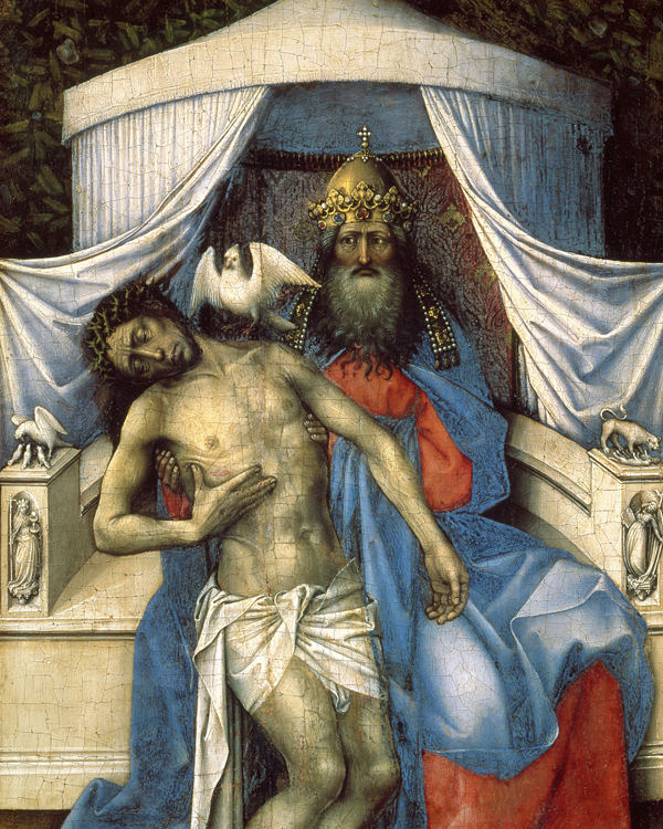 Robert Campin, Trinità (1433-1435), olio su tavola. San Pietroburgo, Museo dell’Ermitage (Scala).